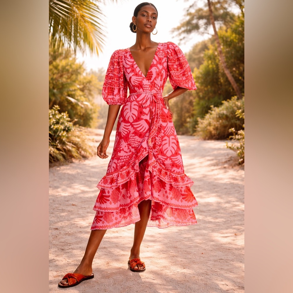 Farm Rio Jungle Scarf Wrap Midi Dress Pink Red Size XL New With Tags - Picture 4 of 11